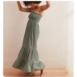 Aerie Smocked Maxi Dress Size XL Green Boho Strapless Flowy Sundress
